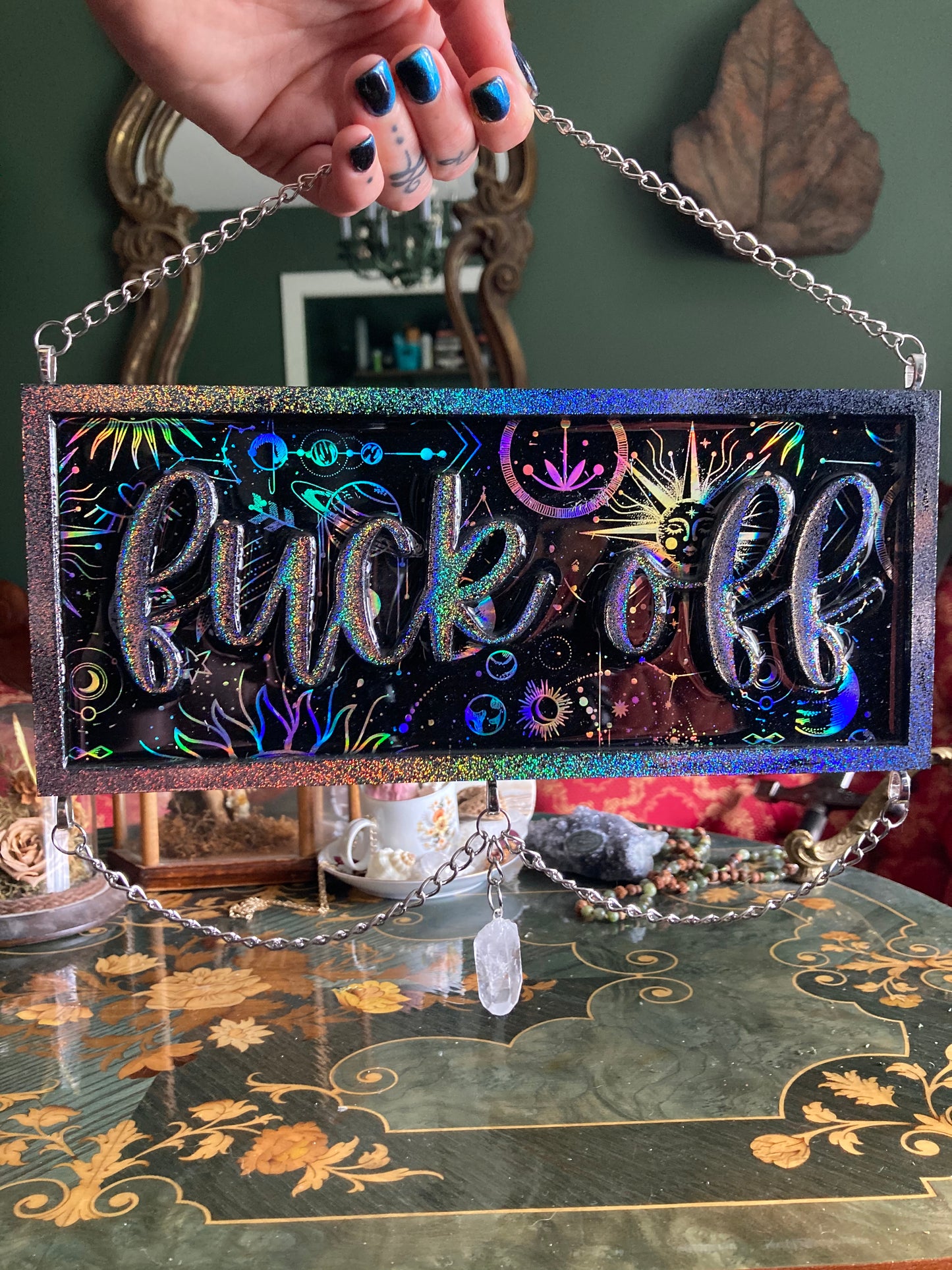 Preorder : Cosmic design, Silver holographic glitter “Fuck Off”sign