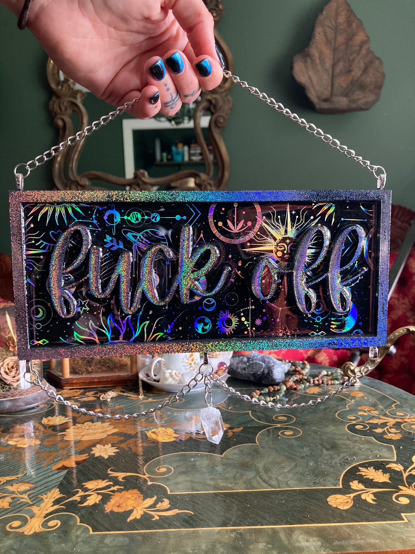 Preorder : Cosmic design, Silver holographic glitter “Fuck Off”sign