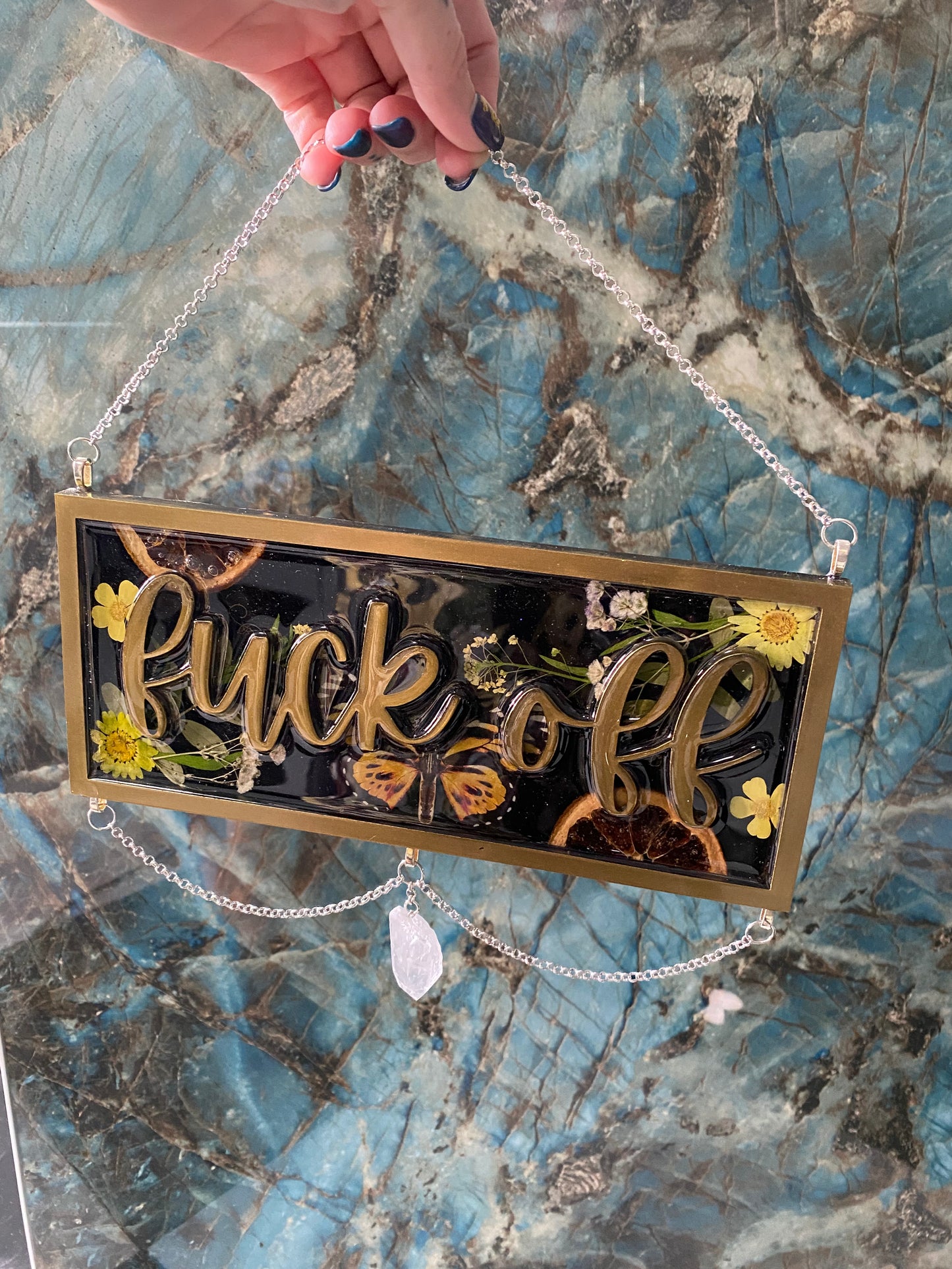 Olive gold “fuck off” sign with quartz