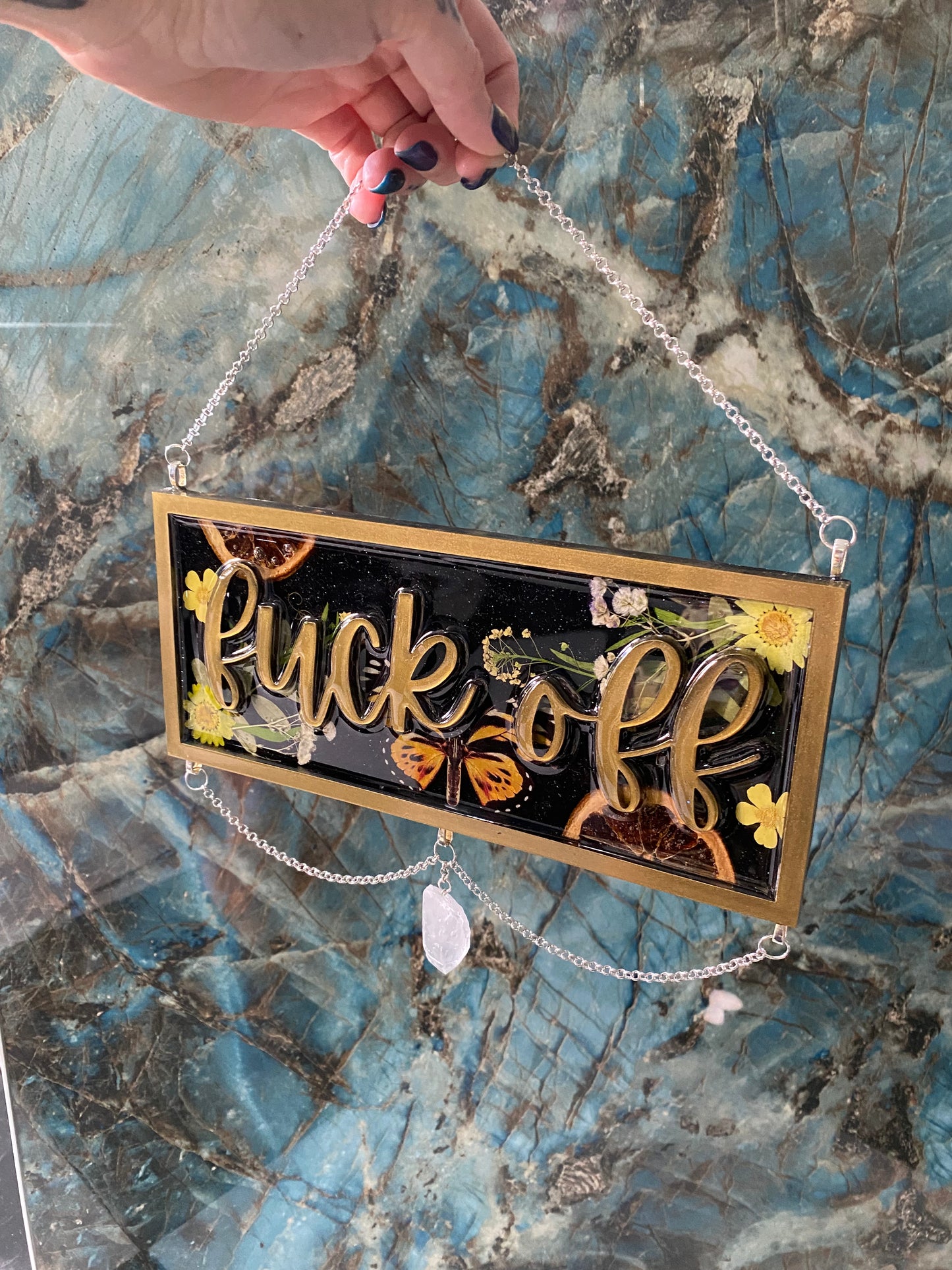 Olive gold “fuck off” sign with quartz