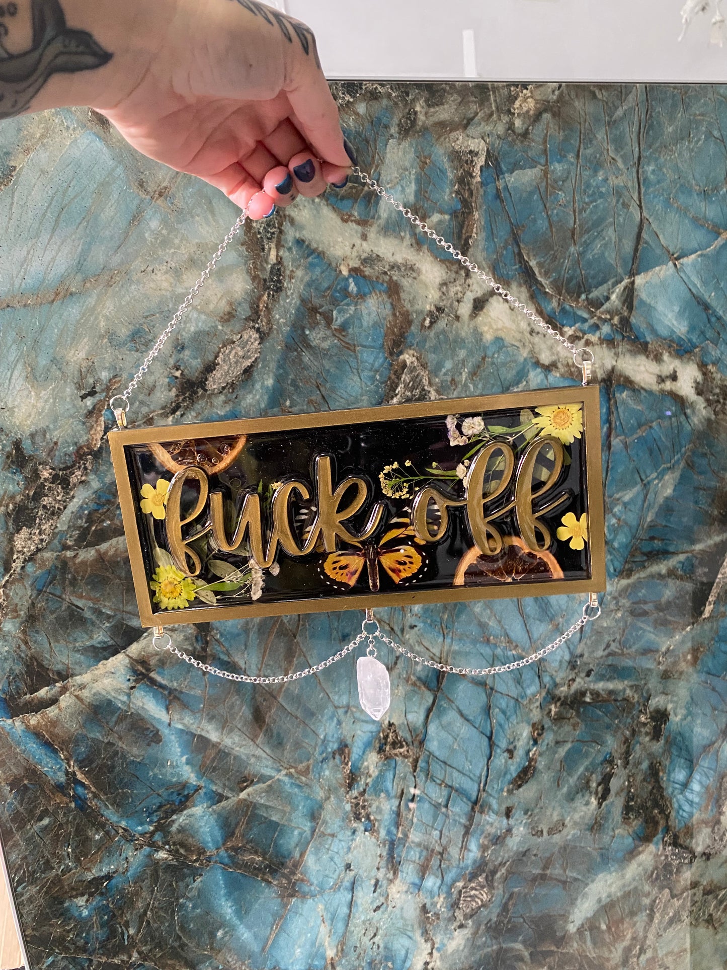 Olive gold “fuck off” sign with quartz