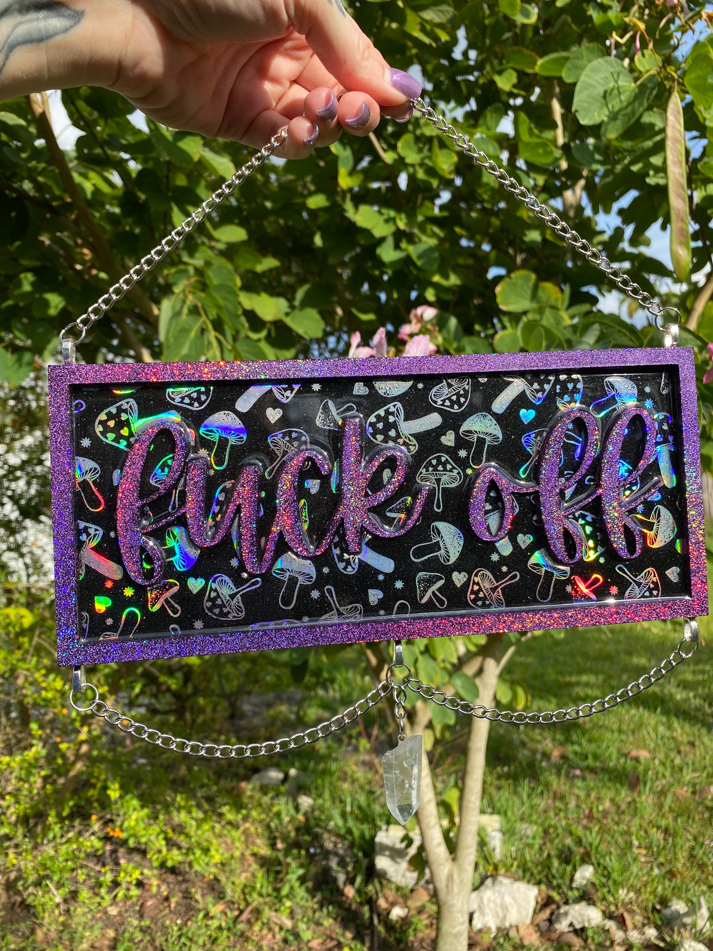 Purple holographic mushroom “ fuck off” sign