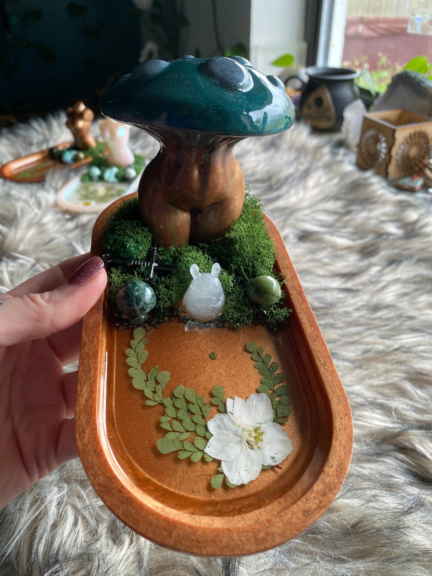 Teal mushroom crystal tray with glow in the dark totoro