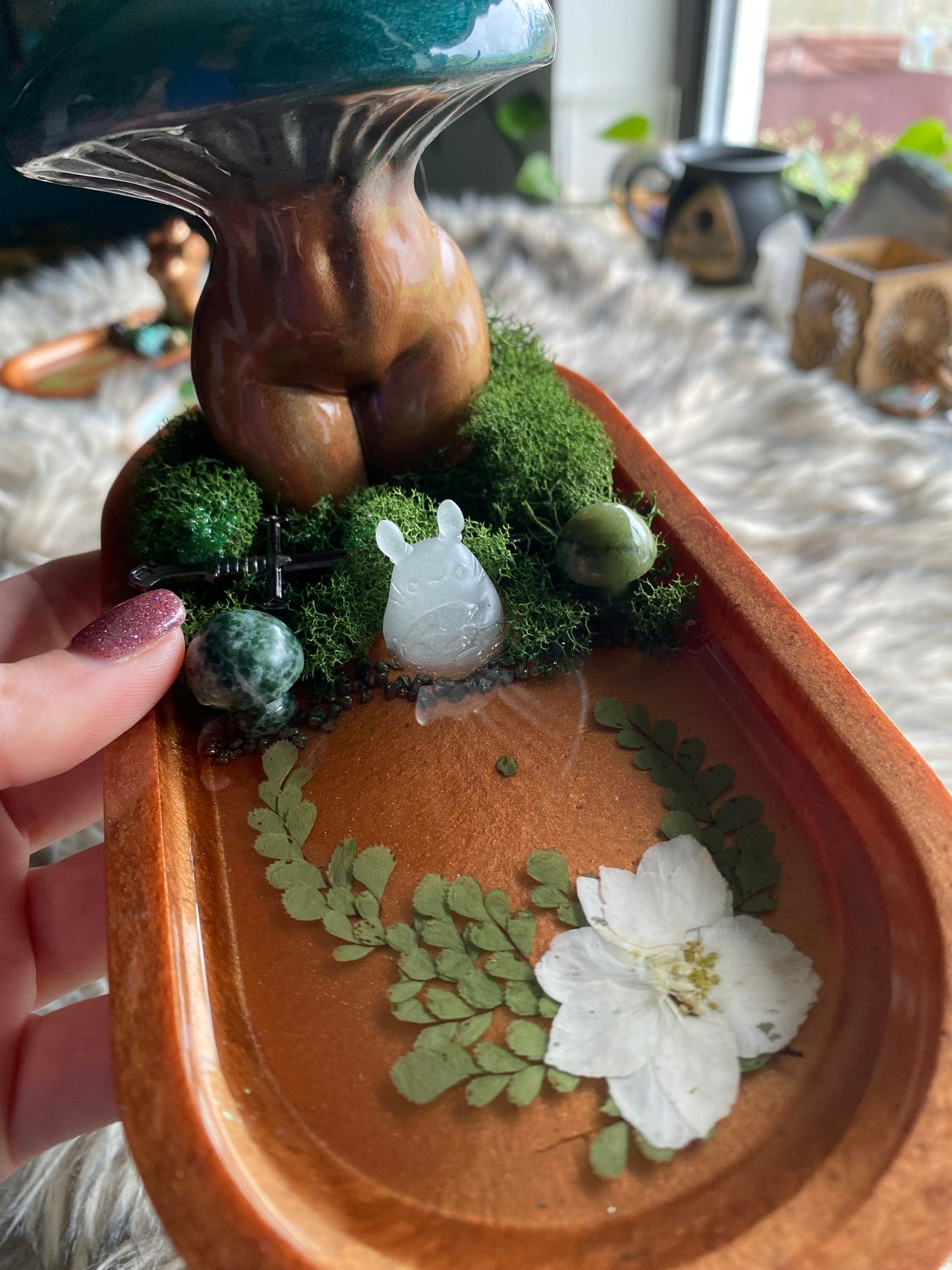 Teal mushroom crystal tray with glow in the dark totoro