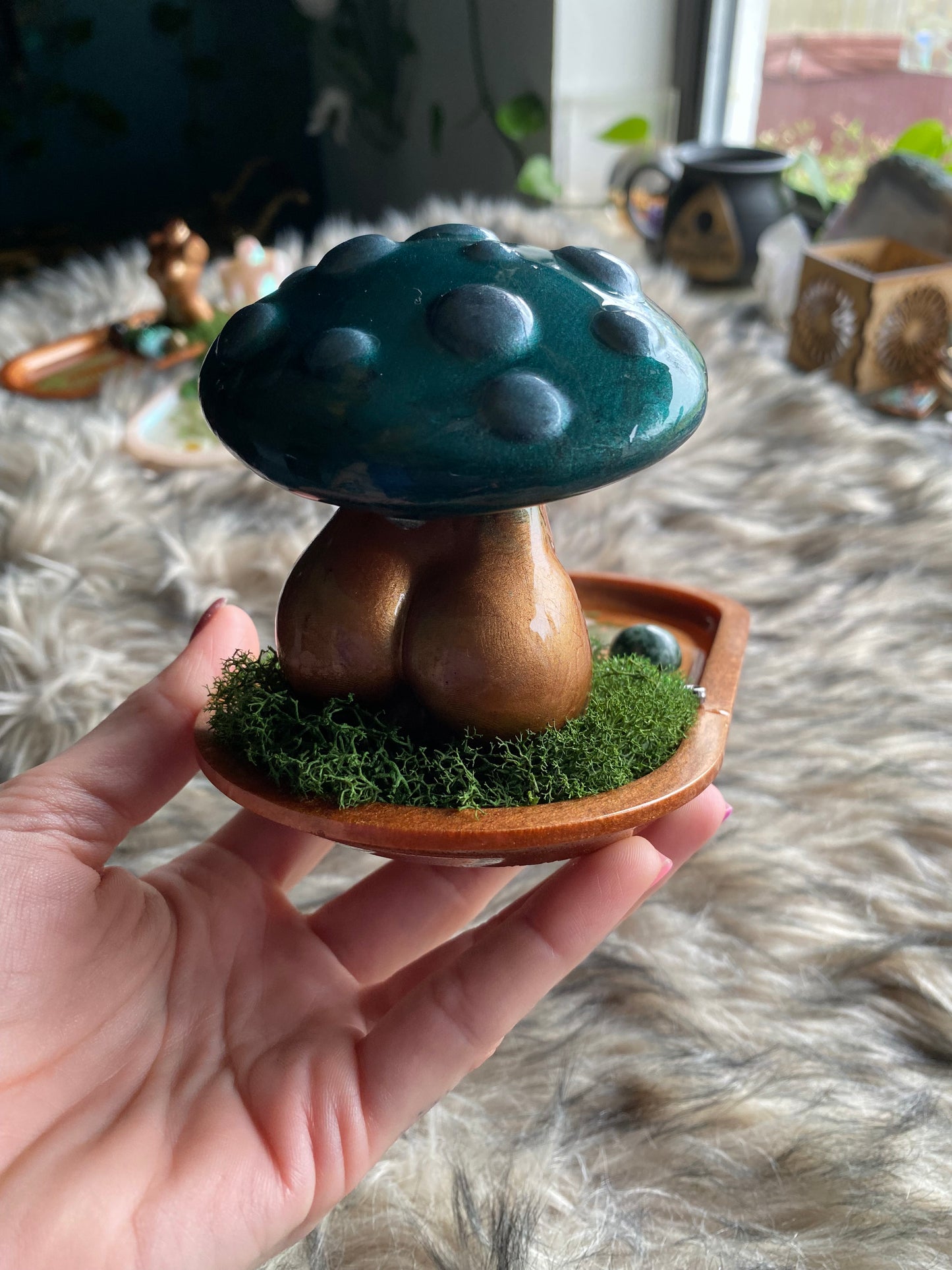 Teal mushroom crystal tray with glow in the dark totoro