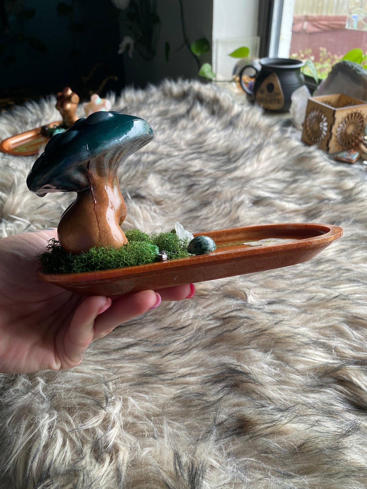 Teal mushroom crystal tray with glow in the dark totoro