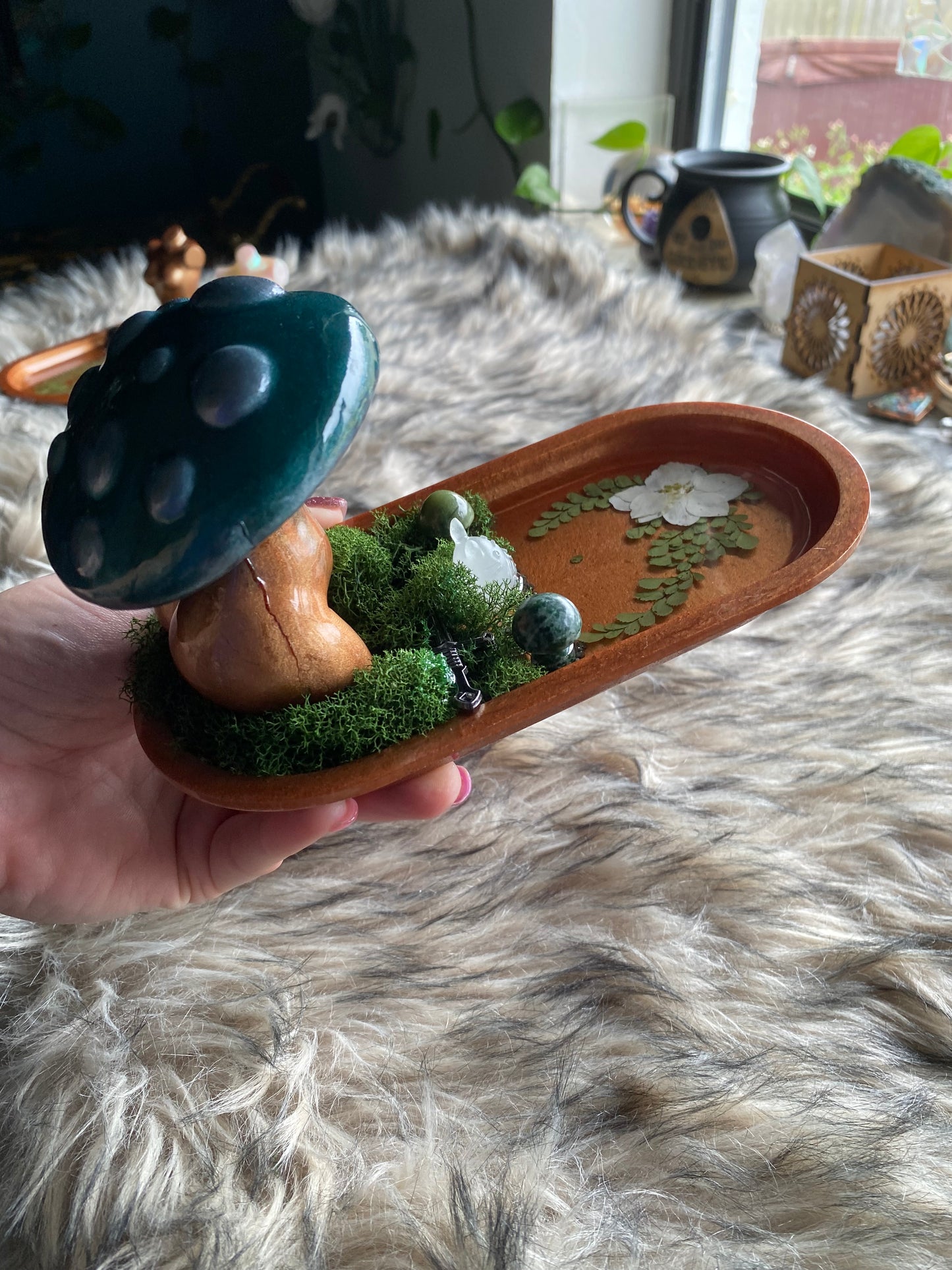 Teal mushroom crystal tray with glow in the dark totoro