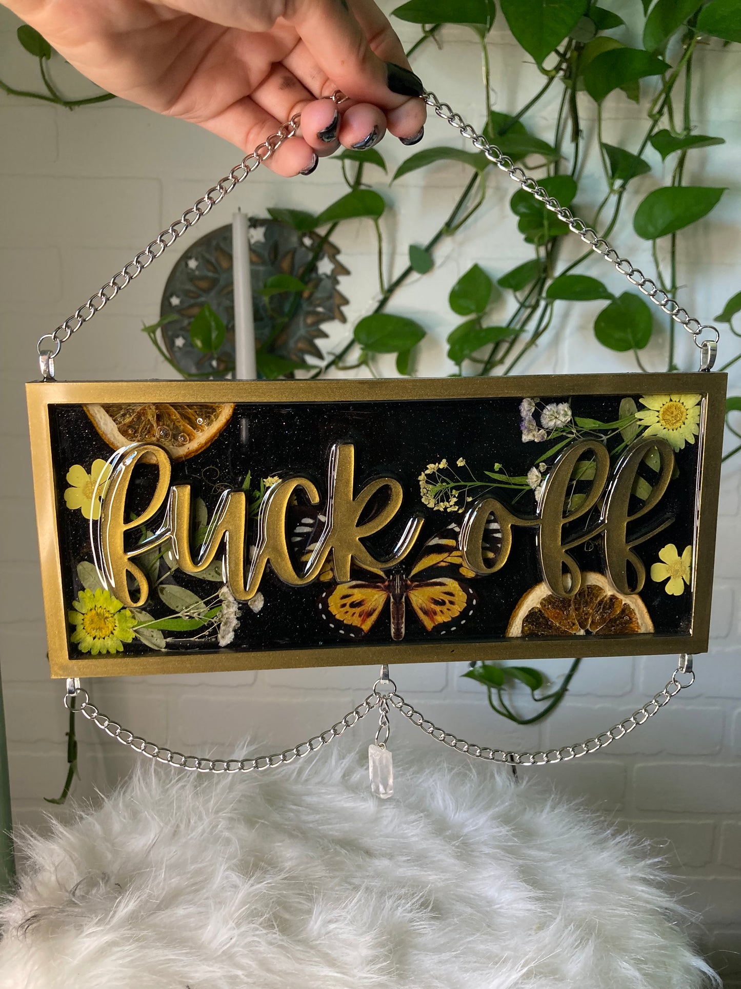 Olive gold “fuck off” sign with quartz