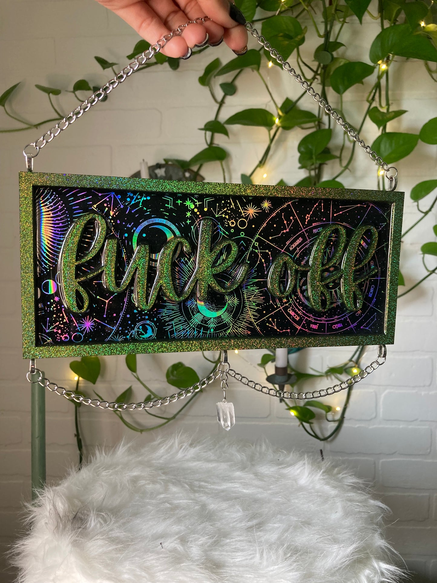 Ready to ship: green glitter holographic “fuck off” sign