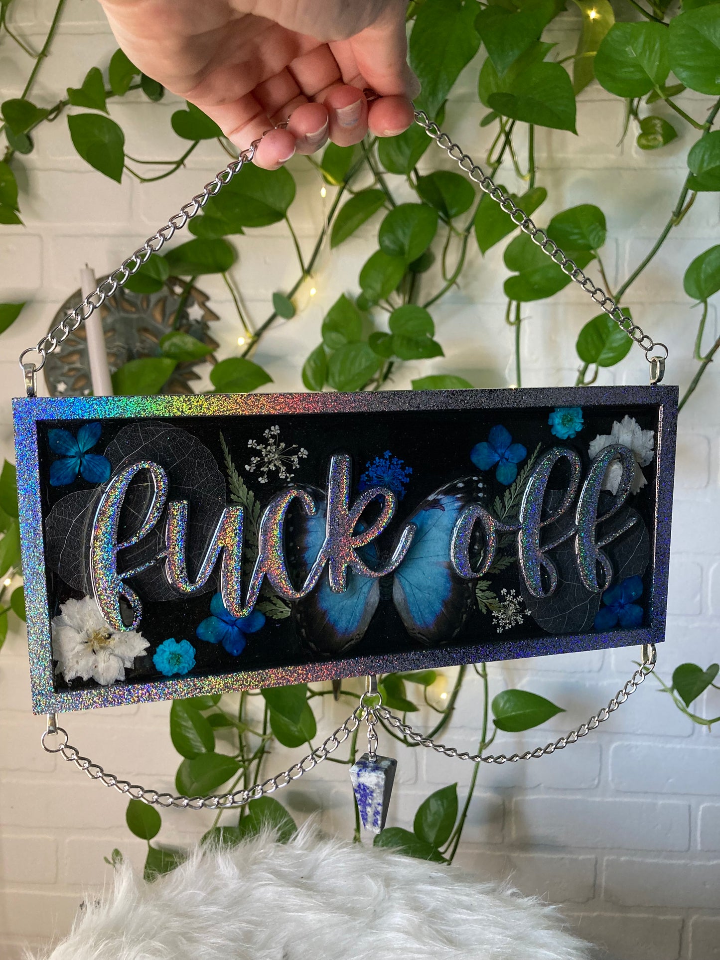 Silver holographic glitter floral “fuck off” sign