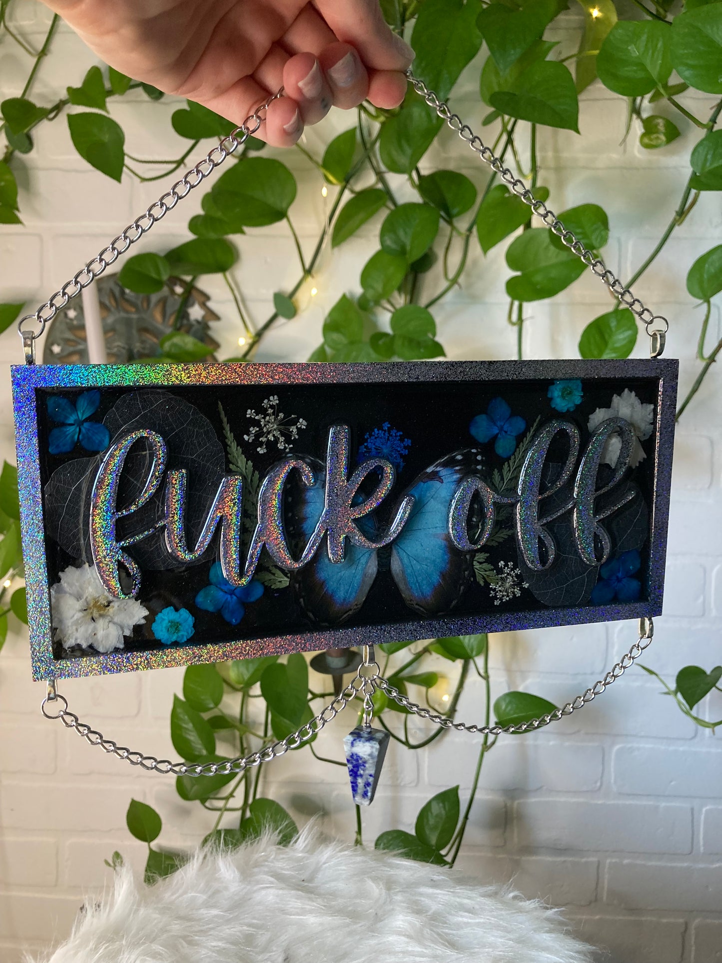 Silver holographic glitter floral “fuck off” sign