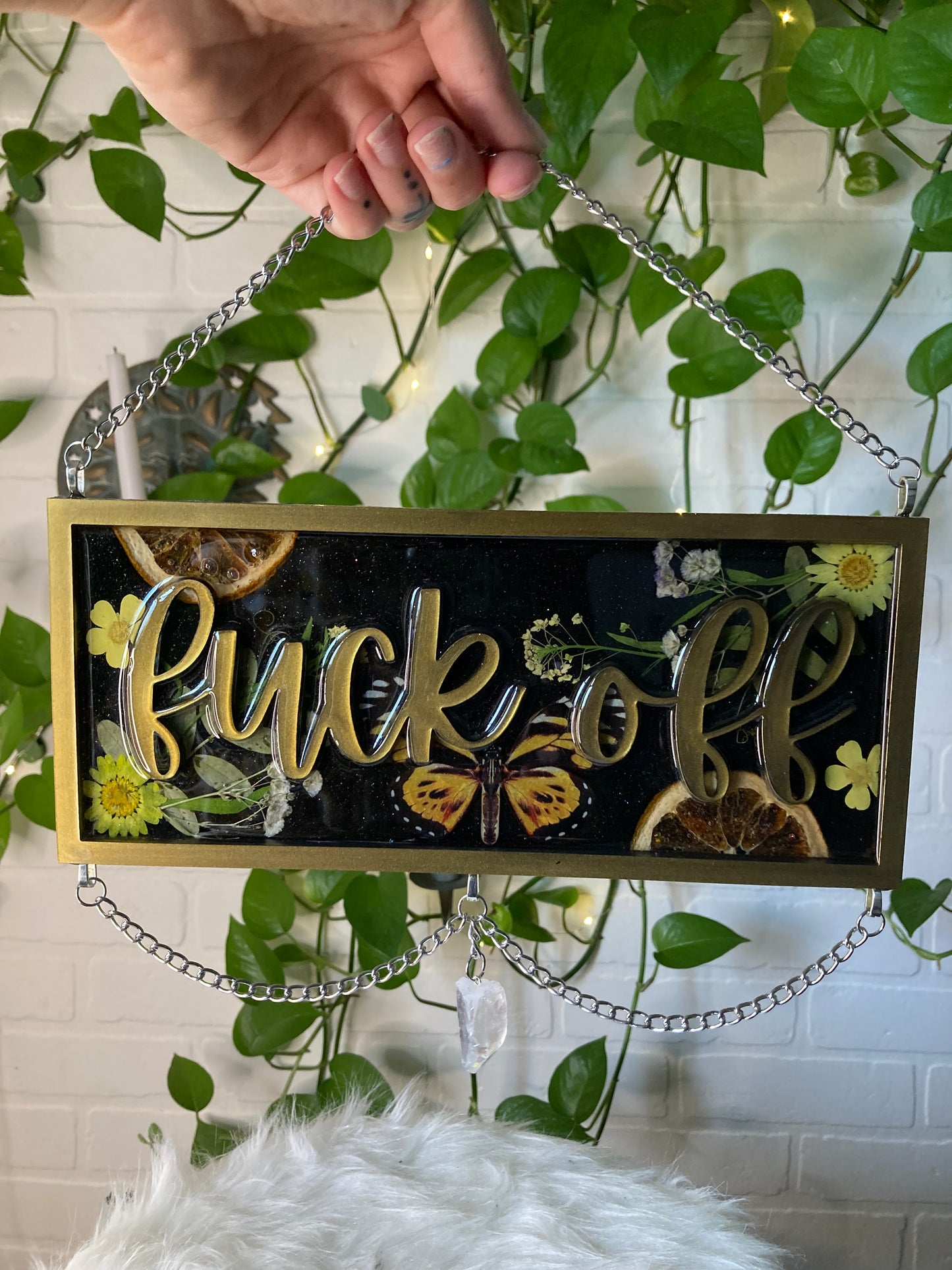 Olive gold “fuck off” sign with quartz