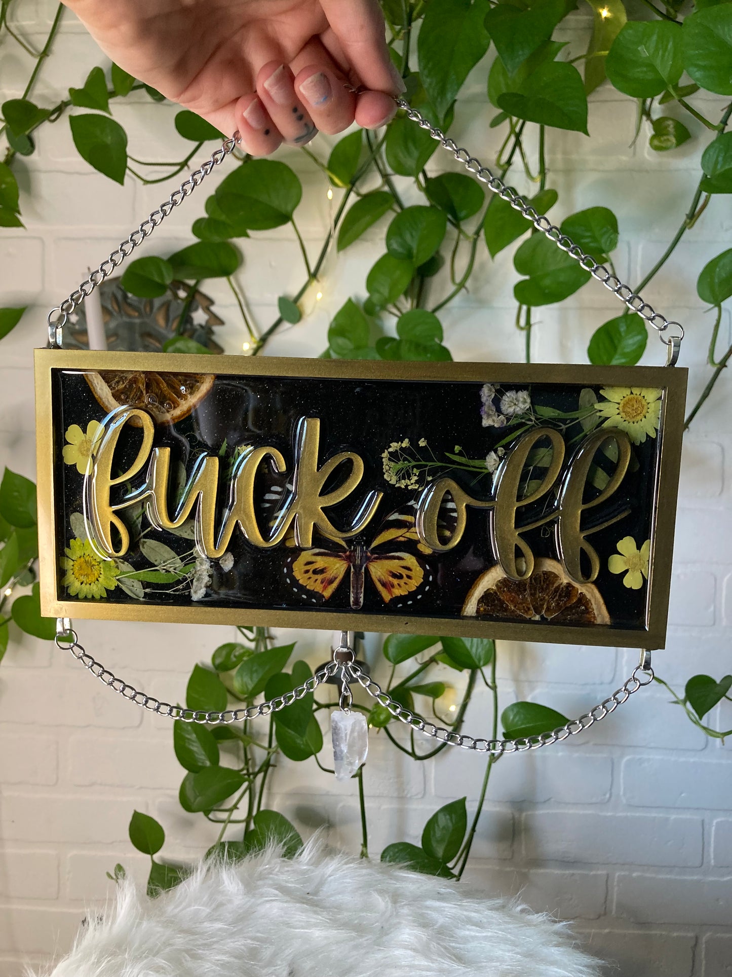 Olive gold “fuck off” sign with quartz