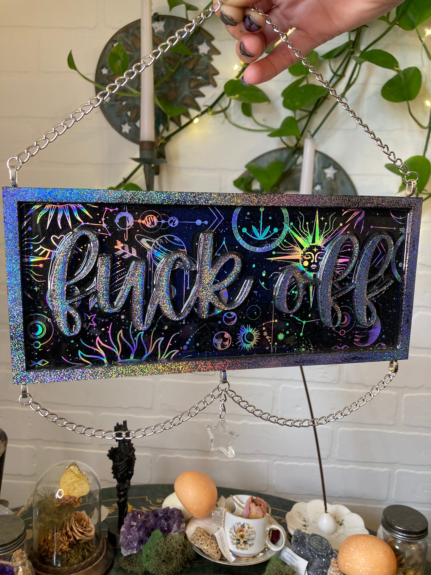 Preorder : Cosmic design, Silver holographic glitter “Fuck Off”sign